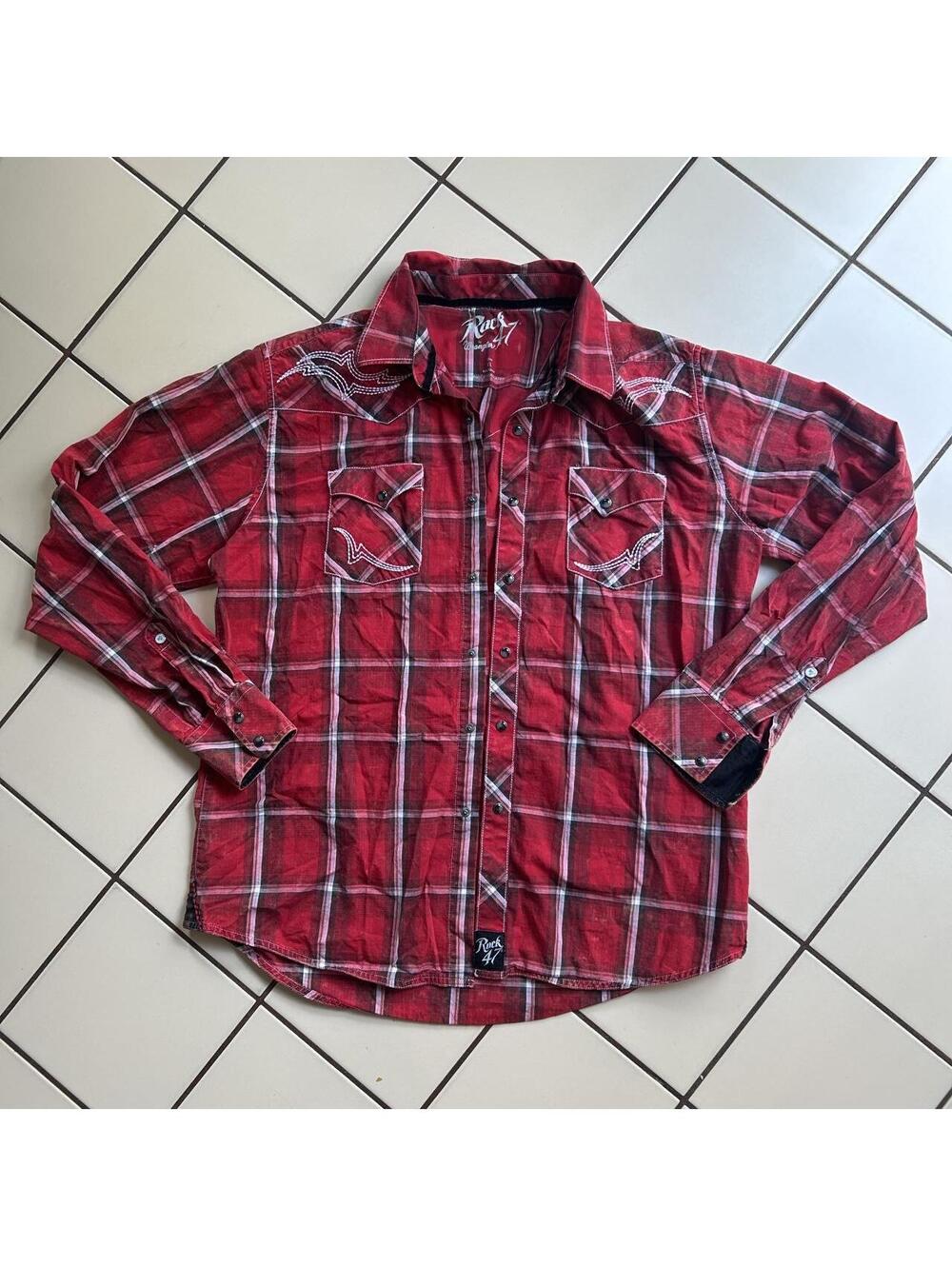 Red & white plaid Rock 47 Wrangler shirt in XL #western #cowboy